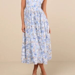 Lulu's Blue and Cream Floral Midi Dress